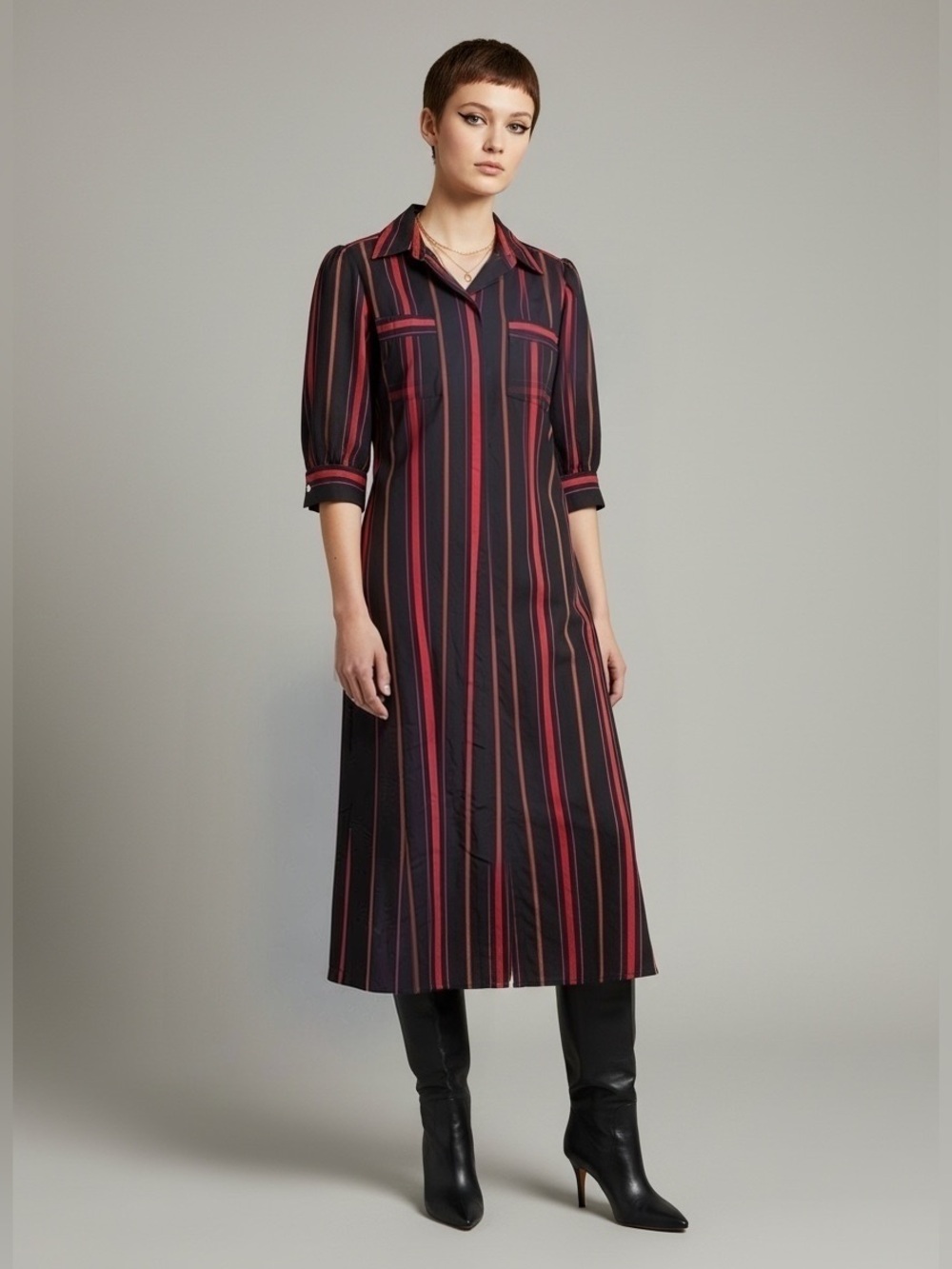Vintage 80s Sasson Striped Shirt Dress Puff Sleeve Black Pink Purple Midi Size 6